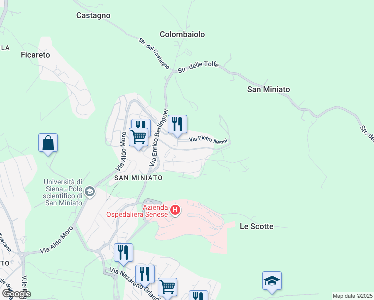 map of restaurants, bars, coffee shops, grocery stores, and more near Via Alessandro Pertini in Siena