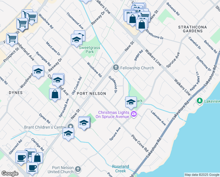 map of restaurants, bars, coffee shops, grocery stores, and more near 419 Guildwood Court in Burlington
