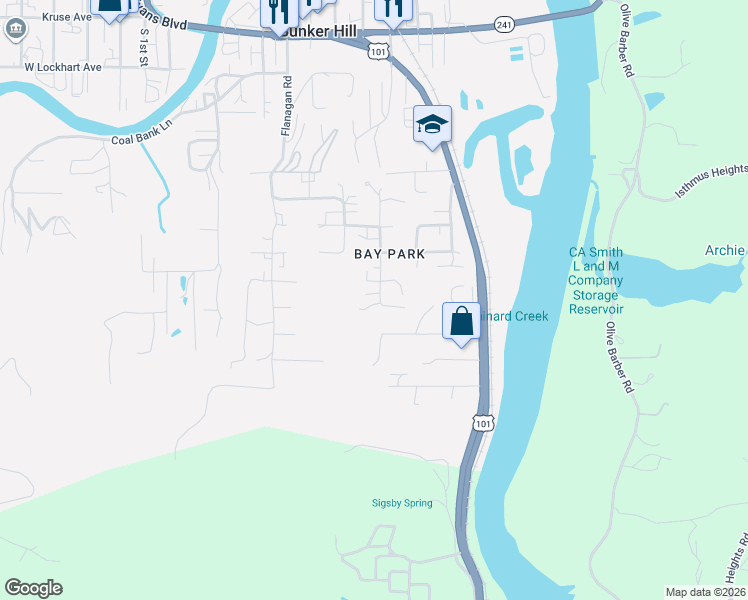 map of restaurants, bars, coffee shops, grocery stores, and more near 63474 Third Road in Coos Bay