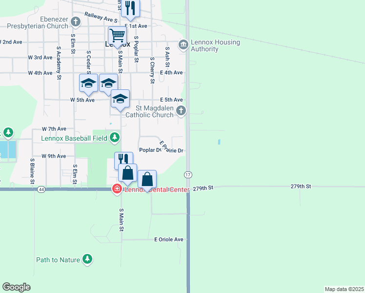 map of restaurants, bars, coffee shops, grocery stores, and more near 417 East Prairie Drive in Lennox