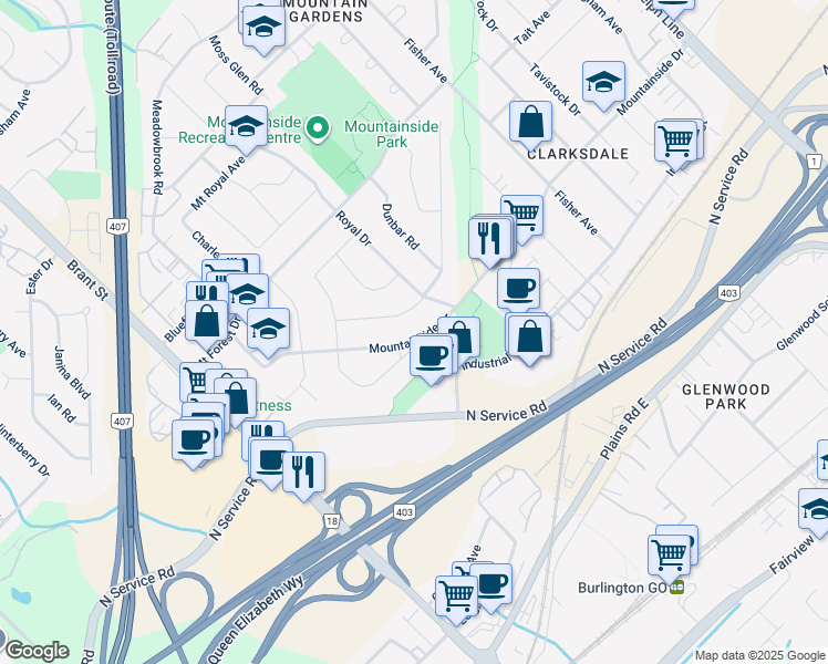 map of restaurants, bars, coffee shops, grocery stores, and more near 2155 Mountainside Drive in Burlington