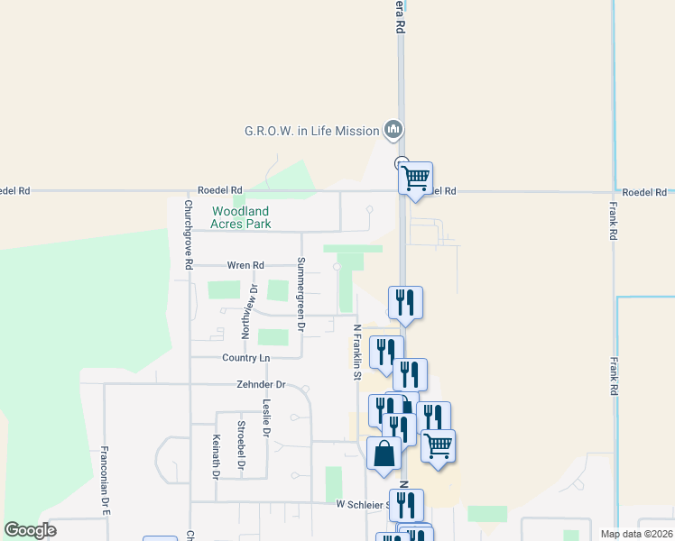 map of restaurants, bars, coffee shops, grocery stores, and more near 25 Hanover Drive in Frankenmuth