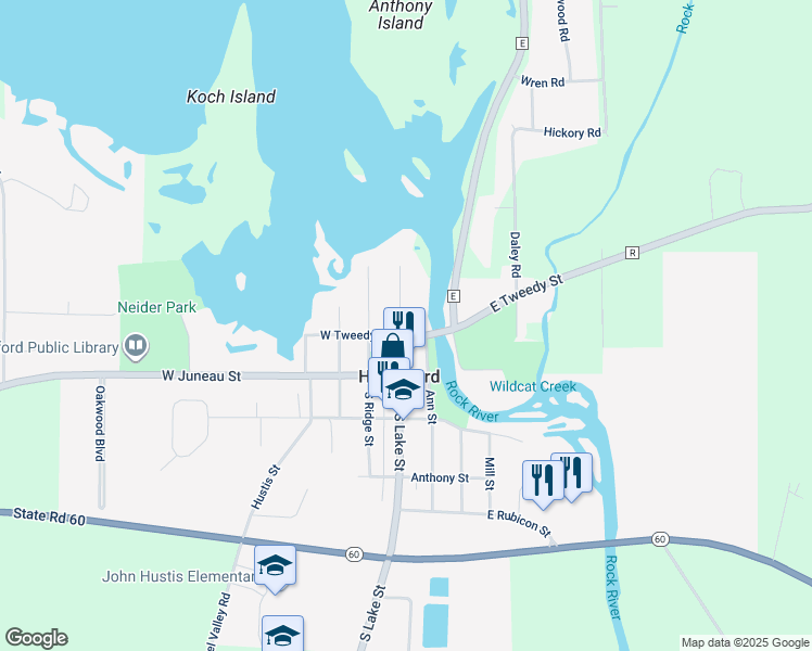 map of restaurants, bars, coffee shops, grocery stores, and more near 140 Lake Street in Hustisford