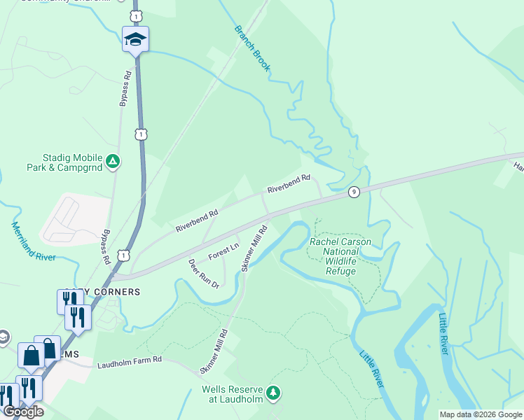 map of restaurants, bars, coffee shops, grocery stores, and more near 180 Port Road in Wells