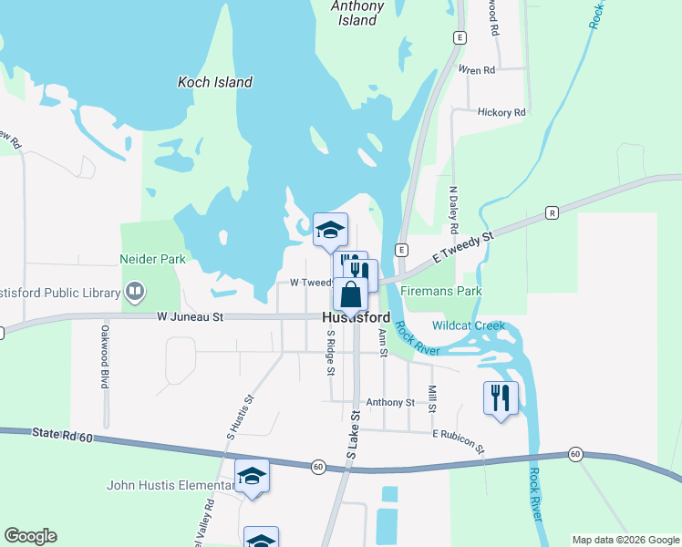map of restaurants, bars, coffee shops, grocery stores, and more near 137 Ridge Street in Hustisford