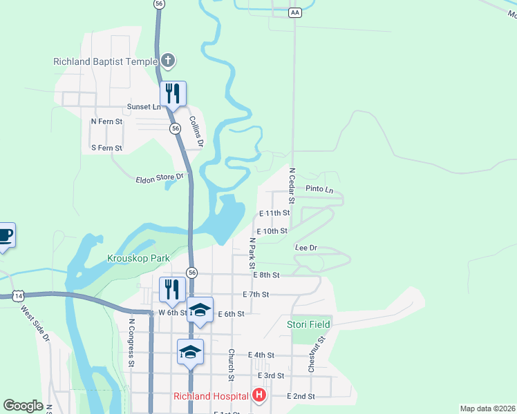 map of restaurants, bars, coffee shops, grocery stores, and more near 1309 North Park Street in Richland Center