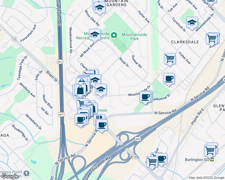 map of restaurants, bars, coffee shops, grocery stores, and more near 2086 Mountainside Drive in Burlington