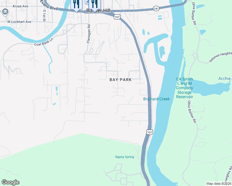 map of restaurants, bars, coffee shops, grocery stores, and more near 63470 3rd Road in Coos Bay