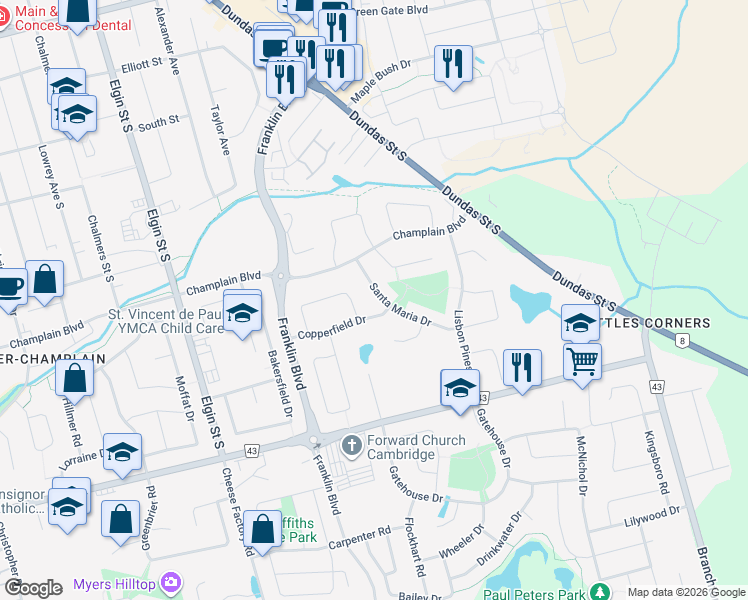 map of restaurants, bars, coffee shops, grocery stores, and more near 68 Copperfield Drive in Cambridge