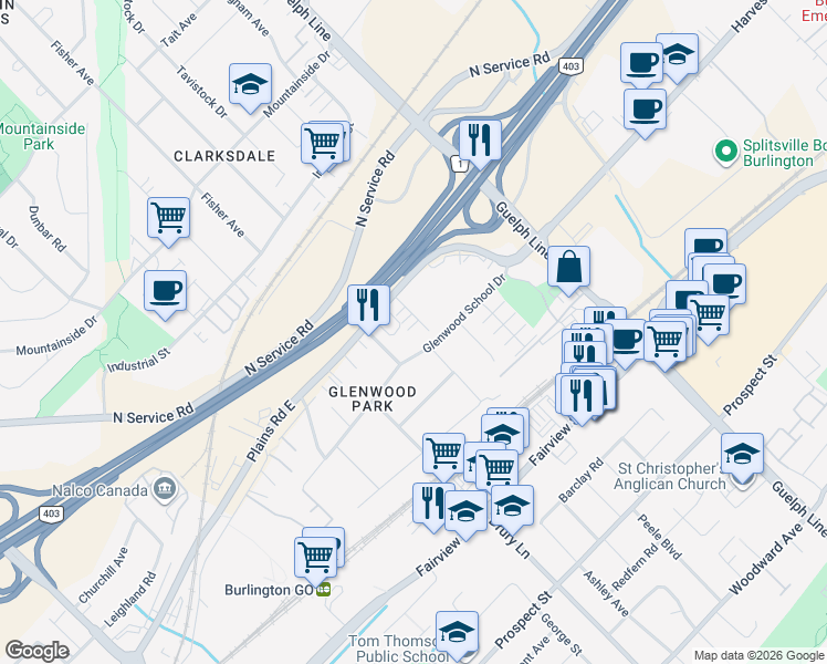 map of restaurants, bars, coffee shops, grocery stores, and more near 2358 Treversh Common in Burlington