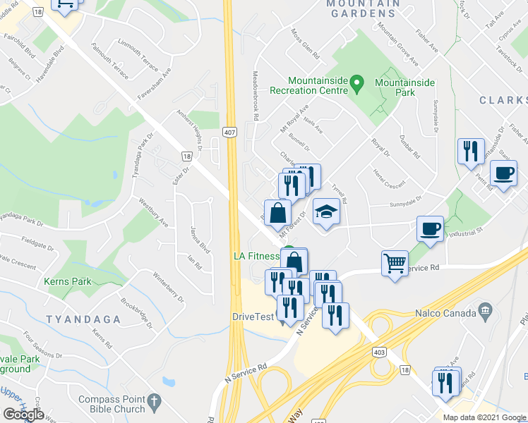 map of restaurants, bars, coffee shops, grocery stores, and more near 2007 Bluefields Drive in Burlington