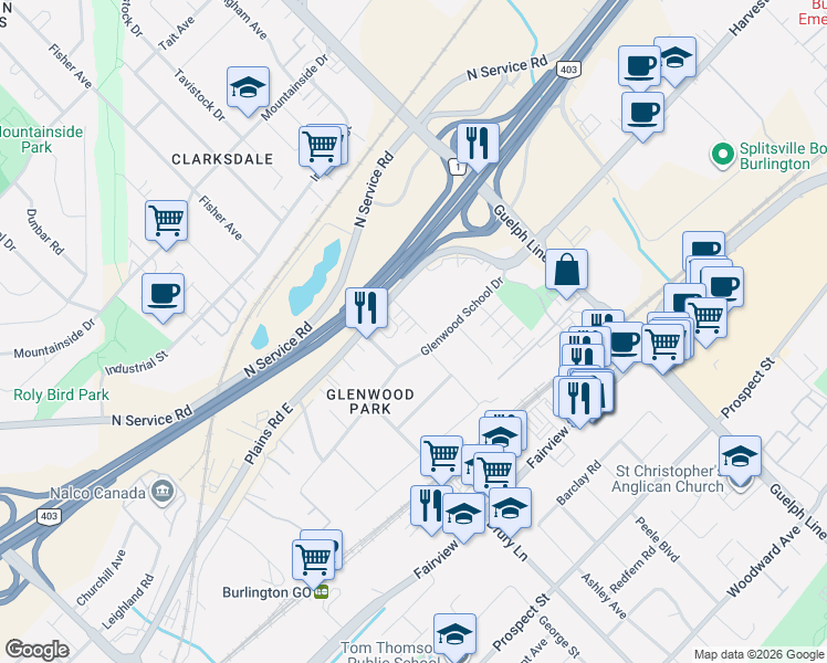 map of restaurants, bars, coffee shops, grocery stores, and more near 2364 Treversh Common in Burlington