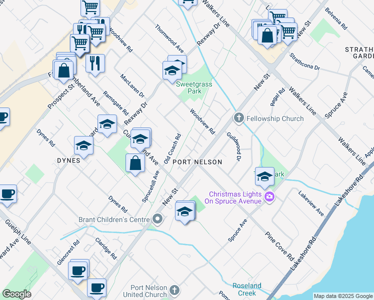 map of restaurants, bars, coffee shops, grocery stores, and more near 3333 New Street in Burlington