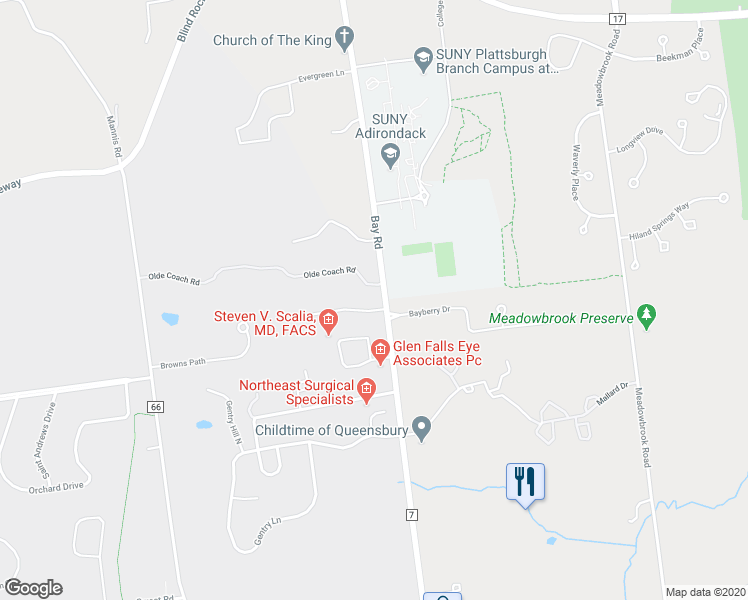 map of restaurants, bars, coffee shops, grocery stores, and more near 565 Bay Road in Glens Falls North