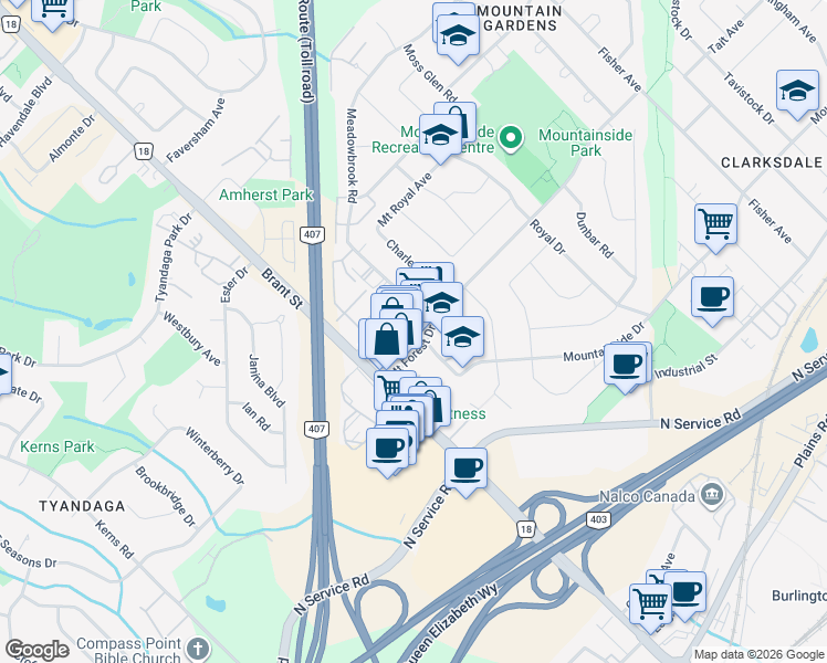 map of restaurants, bars, coffee shops, grocery stores, and more near 2049 Mount Forest Drive in Burlington