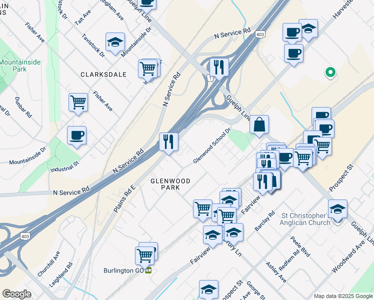 map of restaurants, bars, coffee shops, grocery stores, and more near 2363 Treversh Common in Burlington