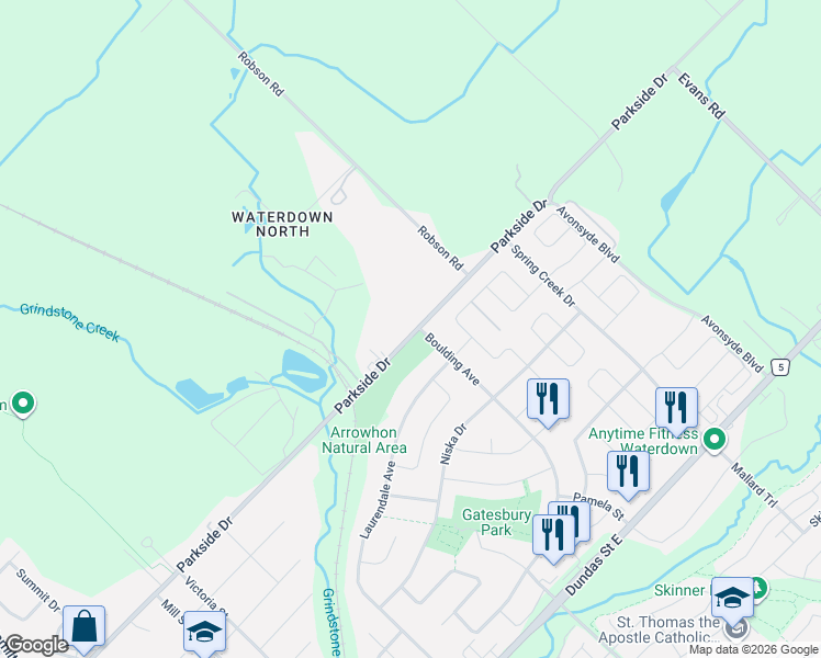 map of restaurants, bars, coffee shops, grocery stores, and more near 441 Parkside Drive in Hamilton