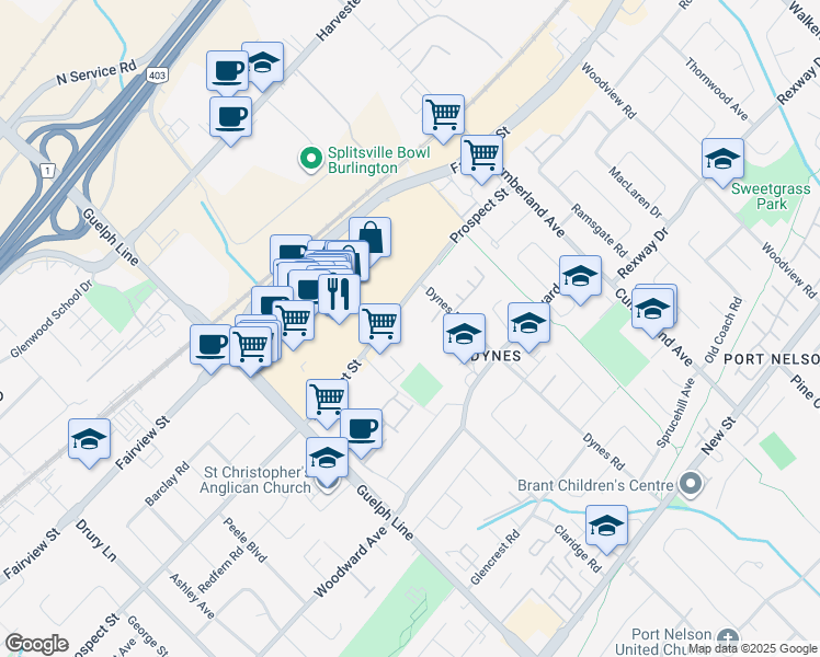 map of restaurants, bars, coffee shops, grocery stores, and more near 700 Dynes Road in Burlington