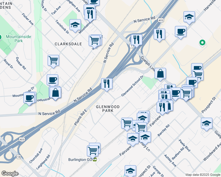 map of restaurants, bars, coffee shops, grocery stores, and more near 2365 Queensway Drive in Burlington