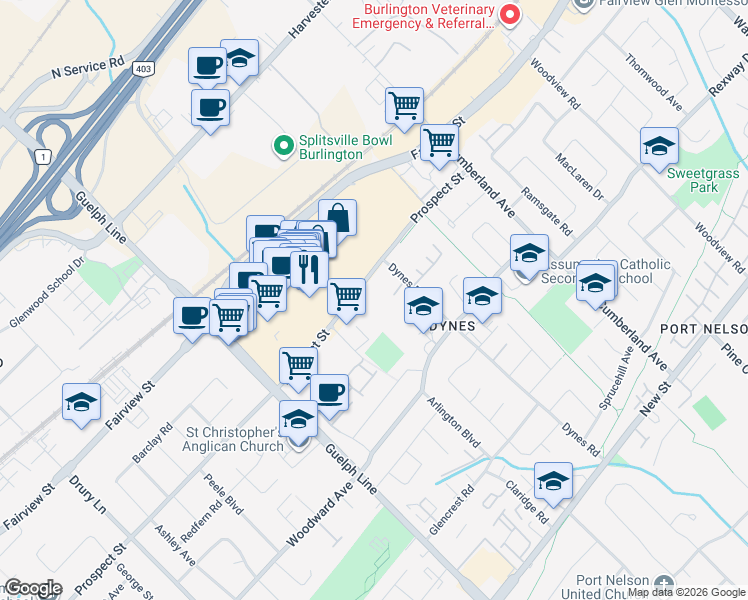 map of restaurants, bars, coffee shops, grocery stores, and more near 700 Dynes Road in Burlington