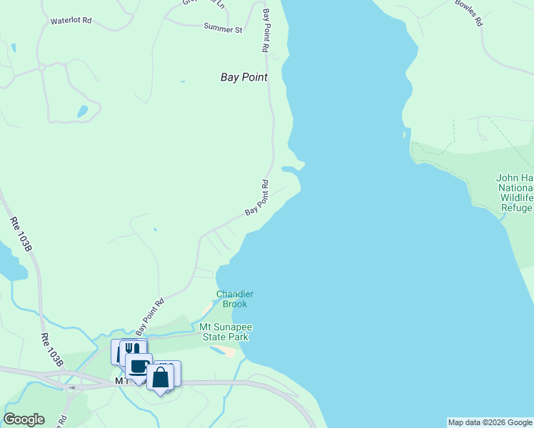 map of restaurants, bars, coffee shops, grocery stores, and more near 125 Bay Point Road in Newbury