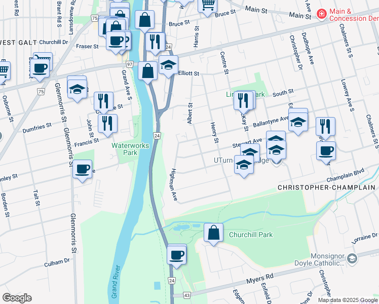 map of restaurants, bars, coffee shops, grocery stores, and more near 56 Stewart Avenue in Cambridge