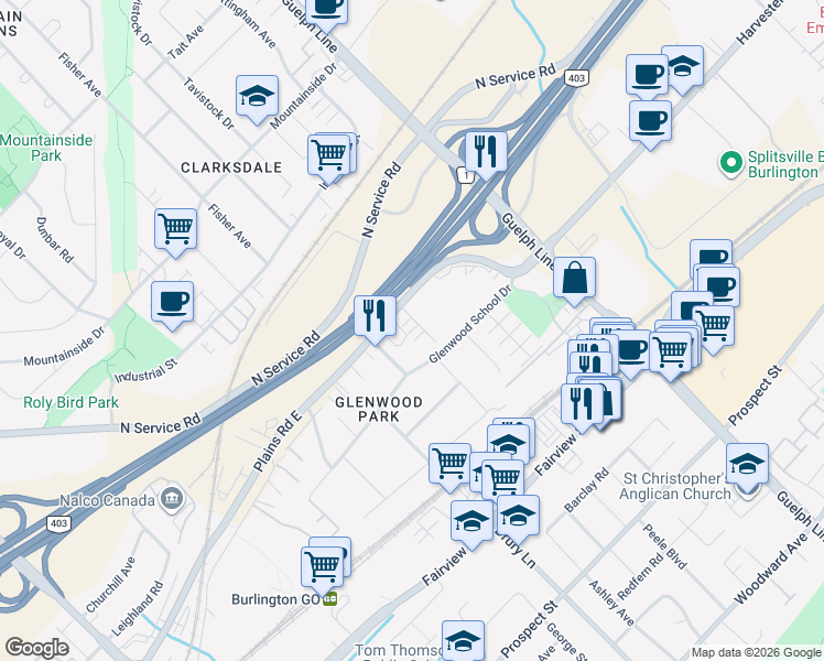 map of restaurants, bars, coffee shops, grocery stores, and more near 2363 Peppiatt Common in Burlington