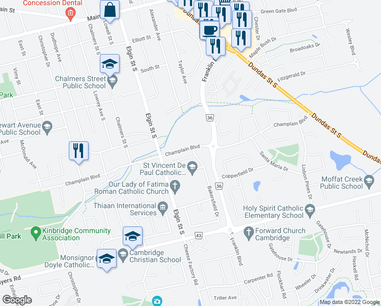 map of restaurants, bars, coffee shops, grocery stores, and more near 7 Bakersfield Drive in Cambridge