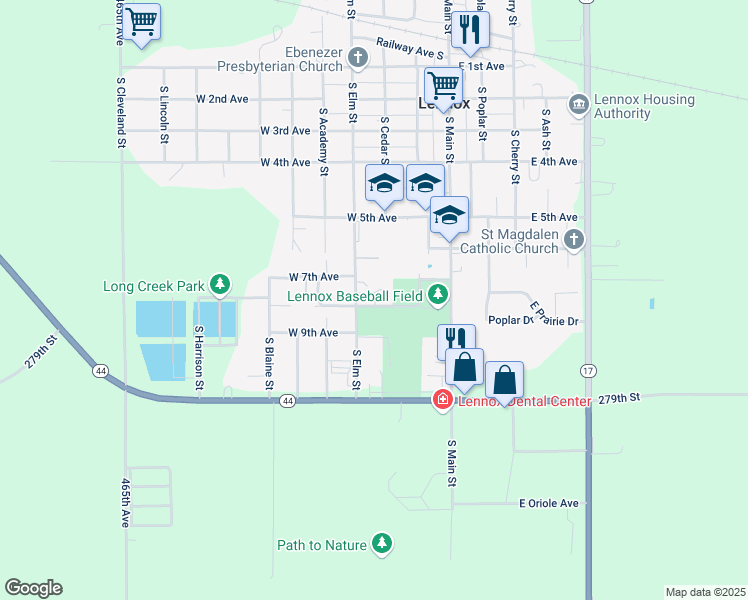map of restaurants, bars, coffee shops, grocery stores, and more near 700-776 South Elm Street in Lennox
