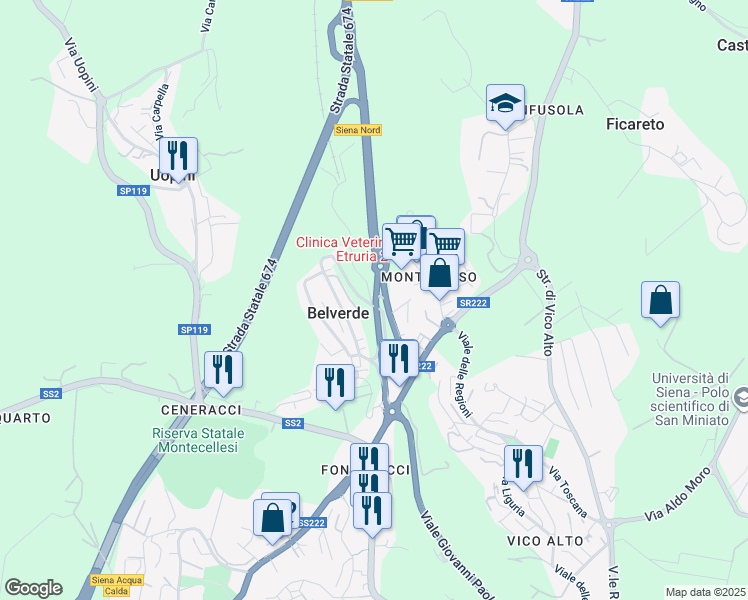 map of restaurants, bars, coffee shops, grocery stores, and more near in Provincia di Siena