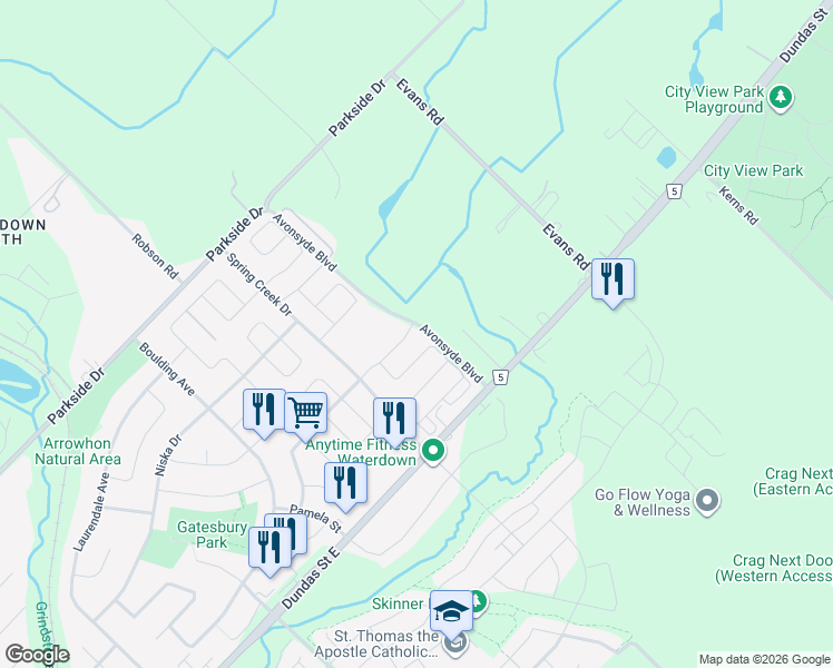 map of restaurants, bars, coffee shops, grocery stores, and more near 84 Forest Ridge Avenue in Hamilton