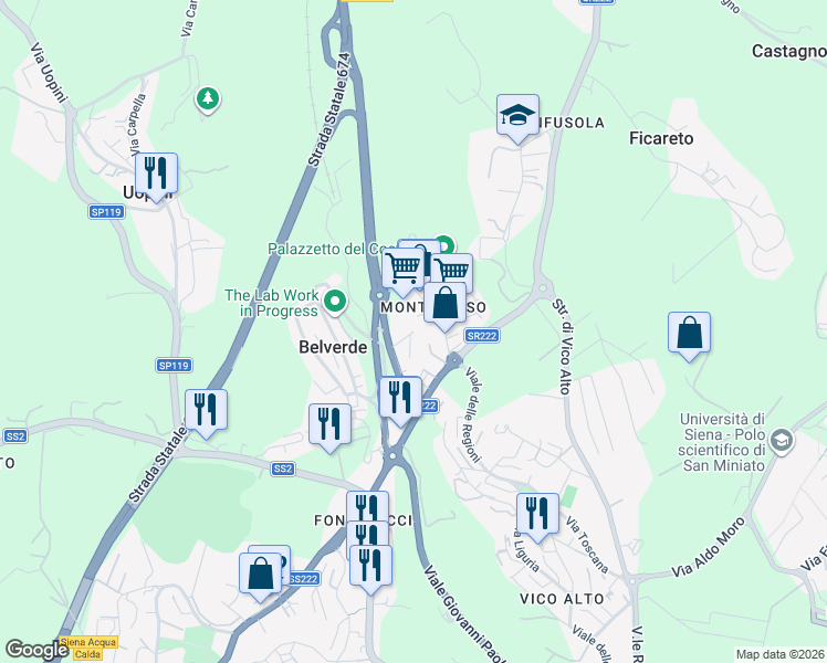 map of restaurants, bars, coffee shops, grocery stores, and more near Via Sandro Pertini in Belverde