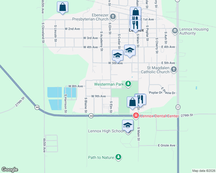 map of restaurants, bars, coffee shops, grocery stores, and more near 700-776 South Elm Street in Lennox