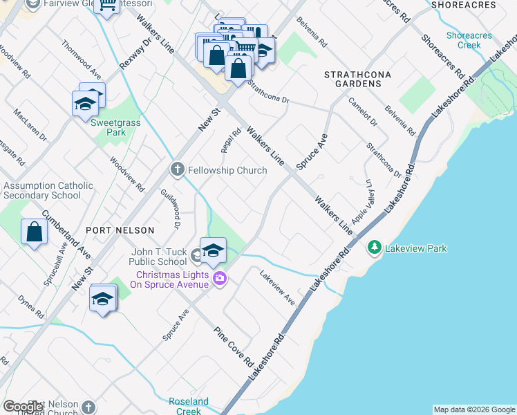 map of restaurants, bars, coffee shops, grocery stores, and more near 3491 Spruce Avenue in Burlington