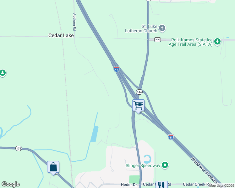 map of restaurants, bars, coffee shops, grocery stores, and more near 530 Bayberry Lane in Slinger