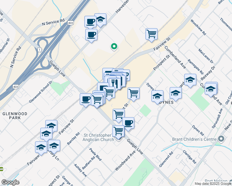 map of restaurants, bars, coffee shops, grocery stores, and more near 777 Guelph Line in Burlington