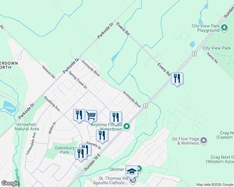 map of restaurants, bars, coffee shops, grocery stores, and more near 84 Forest Ridge Avenue in Hamilton