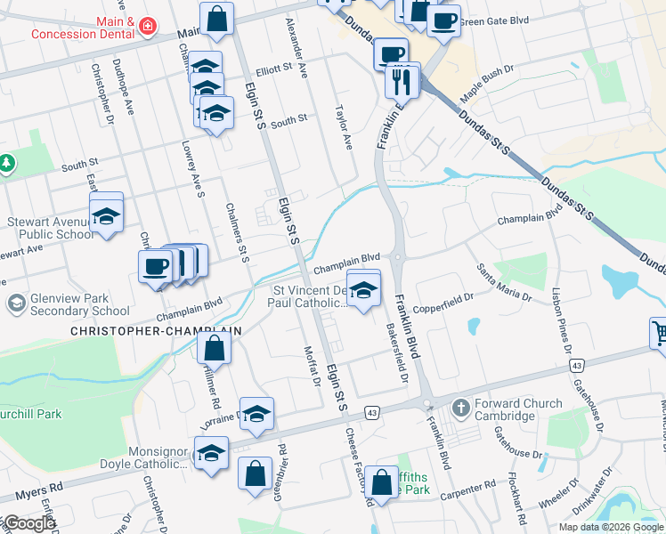 map of restaurants, bars, coffee shops, grocery stores, and more near Champlain Boulevard in Cambridge