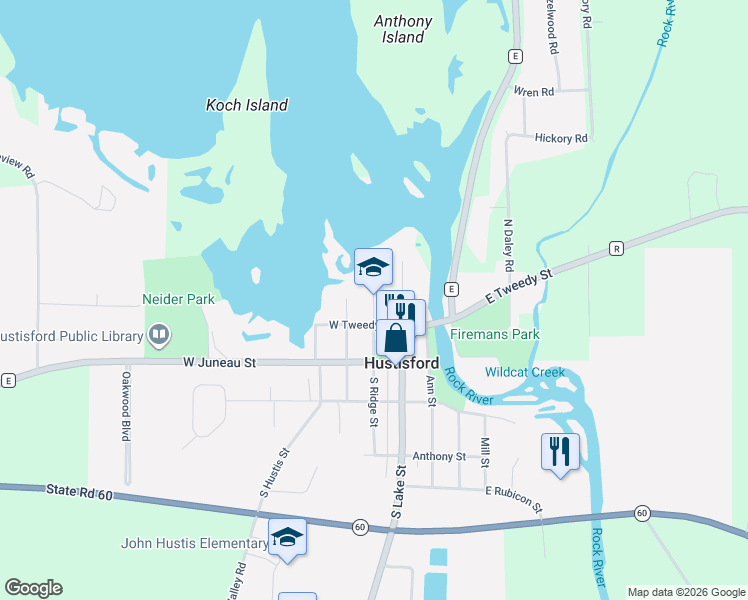 map of restaurants, bars, coffee shops, grocery stores, and more near 253 North Ridge Street in Hustisford