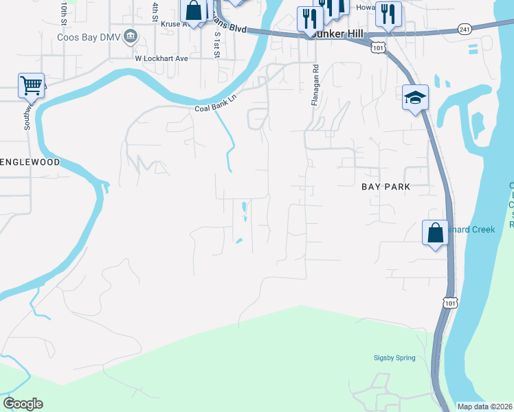 map of restaurants, bars, coffee shops, grocery stores, and more near 63463 Council Street in Coos Bay