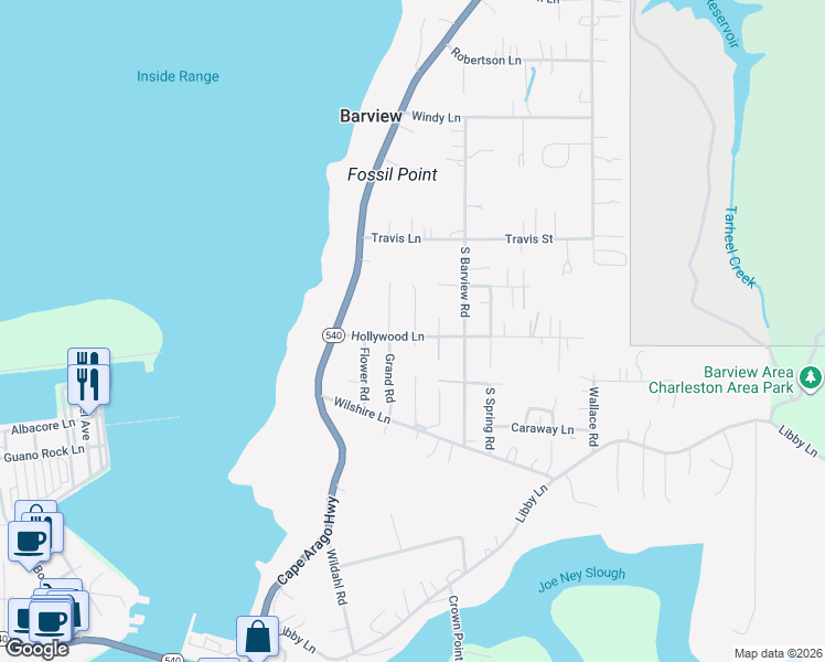map of restaurants, bars, coffee shops, grocery stores, and more near 63617 North Olive Road in Coos Bay
