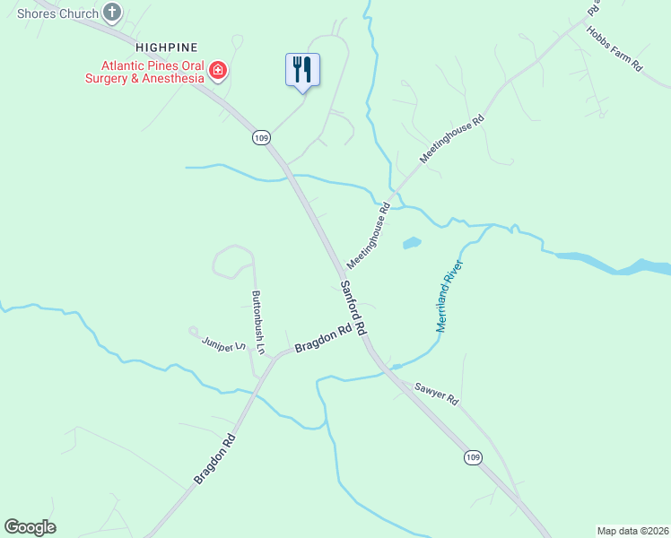 map of restaurants, bars, coffee shops, grocery stores, and more near 1755 Sanford Road in Wells