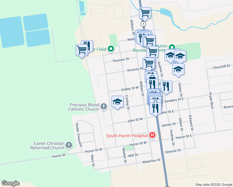 map of restaurants, bars, coffee shops, grocery stores, and more near 134 Gidley Street West in Exeter