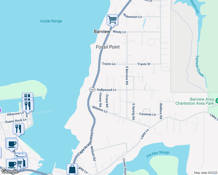 map of restaurants, bars, coffee shops, grocery stores, and more near 90747 Hollywood Lane in Coos Bay