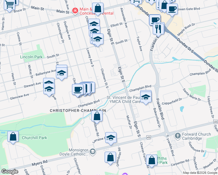 map of restaurants, bars, coffee shops, grocery stores, and more near 135 Chalmers Street South in Cambridge
