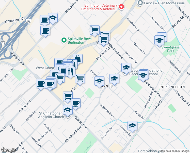 map of restaurants, bars, coffee shops, grocery stores, and more near 684 Dynes Road in Burlington