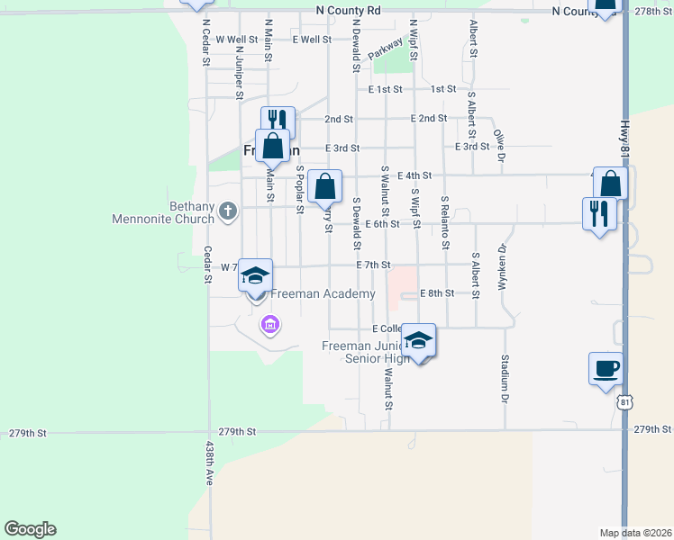 map of restaurants, bars, coffee shops, grocery stores, and more near 700 South Cherry Street in Freeman