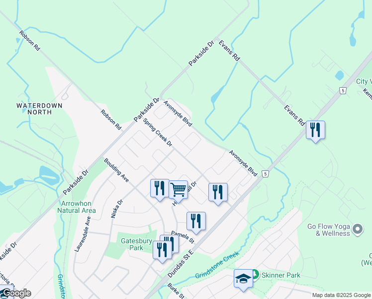 map of restaurants, bars, coffee shops, grocery stores, and more near 9 Bastia Street in Hamilton