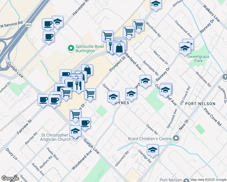 map of restaurants, bars, coffee shops, grocery stores, and more near 675 Dynes Road in Burlington