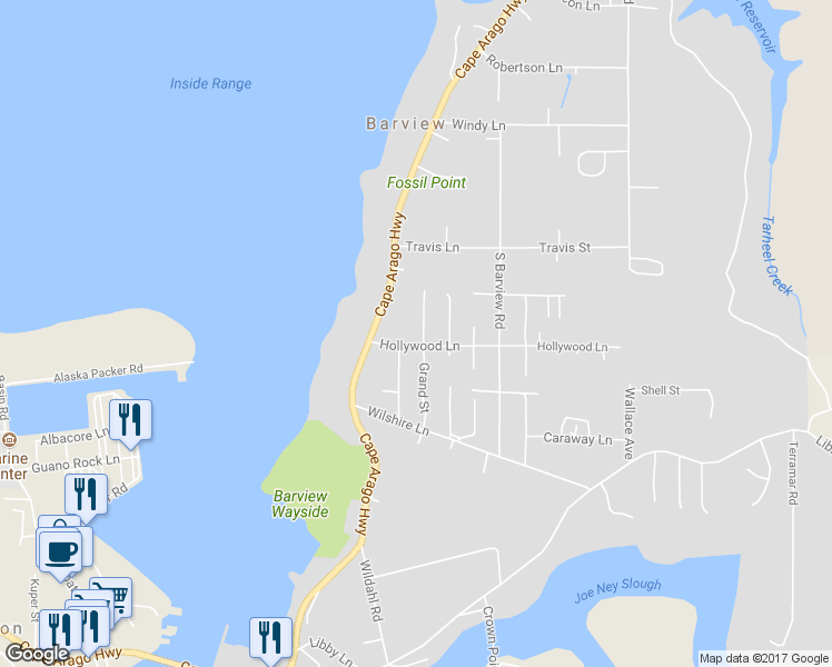 map of restaurants, bars, coffee shops, grocery stores, and more near 90747 Hollywood Lane in Coos Bay